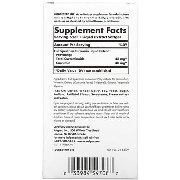 Solgar, Curcumin, Full Spectrum, 90 Softgels UPC 033984547087 | HiLife Vitamins