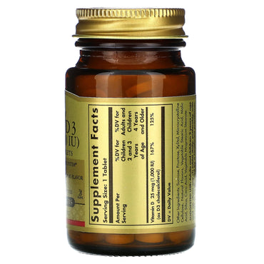 Solgar, D3 Cholecalciferol 1000 IU, 100 Chewables UPC 033984549562 | HiLife Vitamins