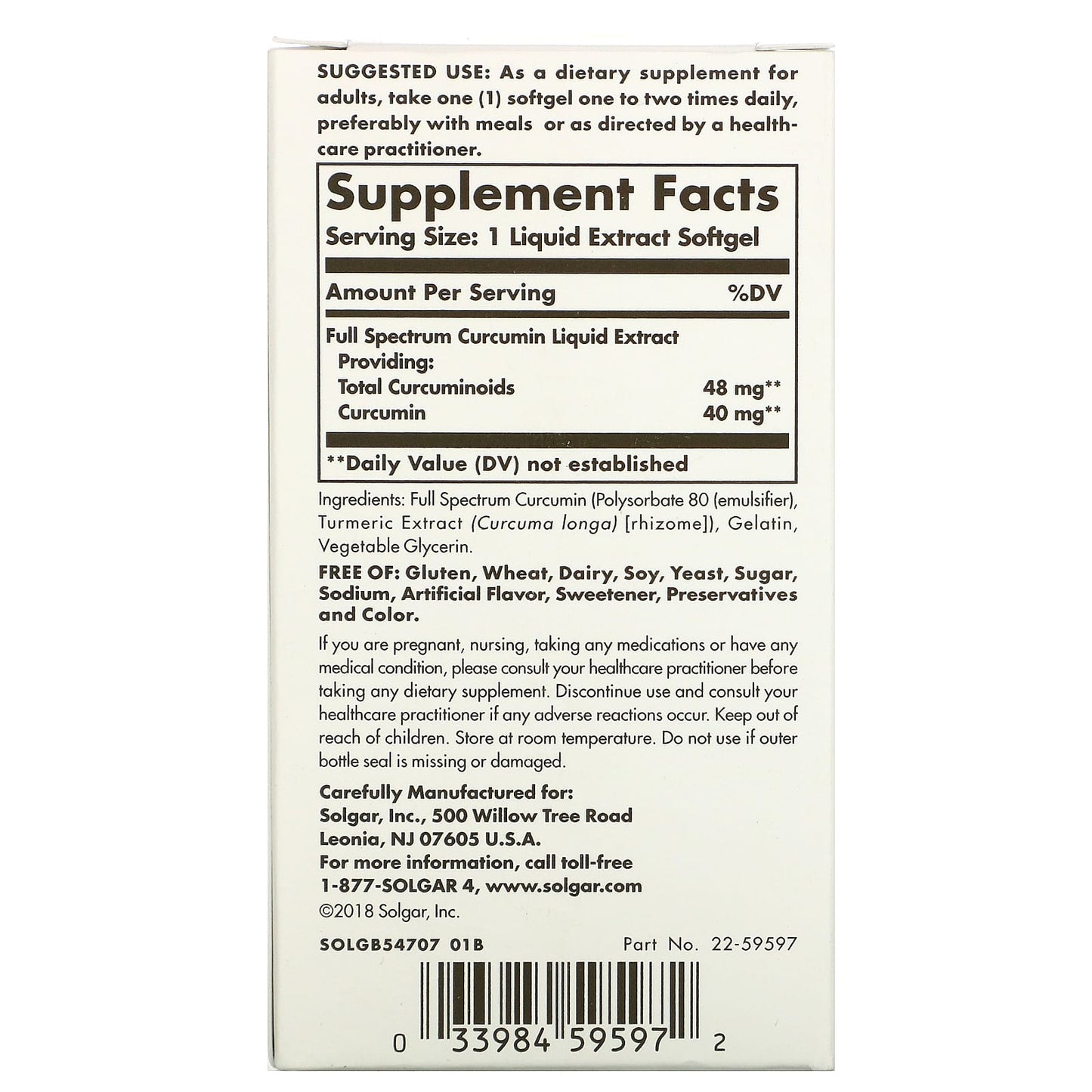 Solgar, Full Spectrum Curcumin, 30 Softgels UPC 033984595972 | HiLife Vitamins
