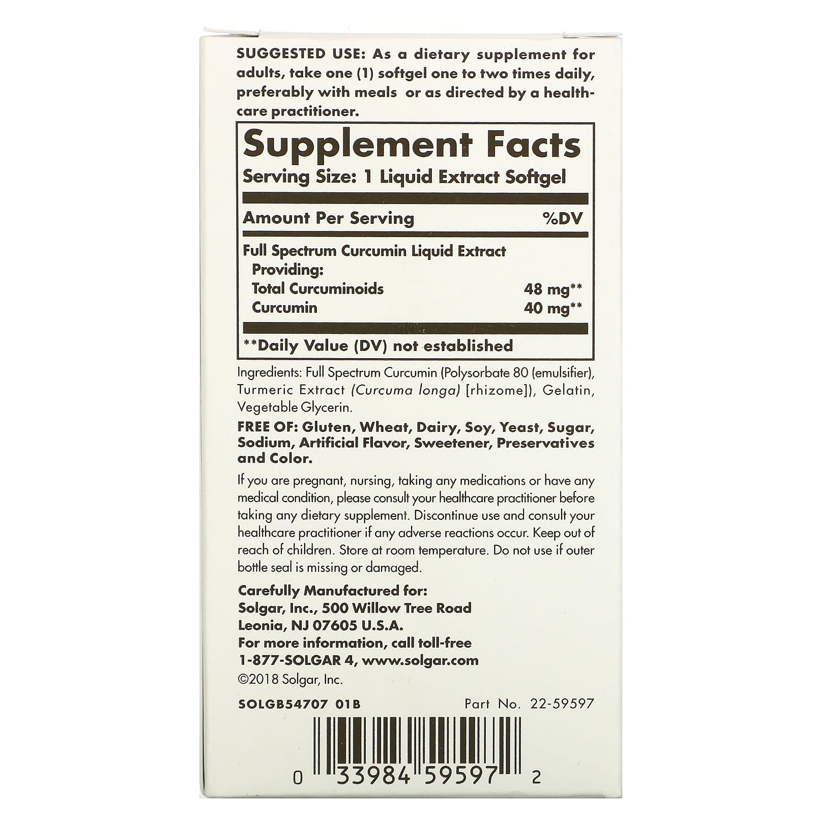 Solgar, Full Spectrum Curcumin, 30 Softgels UPC 033984595972 | HiLife Vitamins