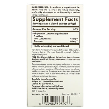 Solgar, Full Spectrum Curcumin, 30 Softgels UPC 033984595972 | HiLife Vitamins