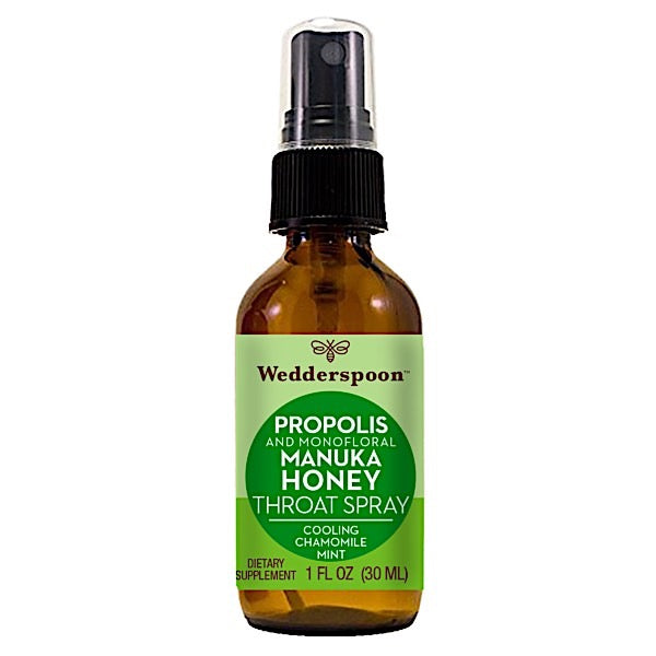 Wedderspoon, Propolis Manuka Honey Throat Spray, Chamomile Mint, 1 Oz Spray UPC 814422023079 | HiLife Vitamins