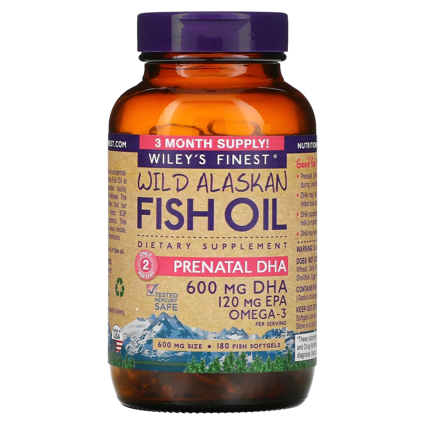 Wiley's Finest, Wild Alaskan Fish Oil Prenatal DHA 600 mg, 180 Softgels UPC 857188004029 | HiLife Vitamins