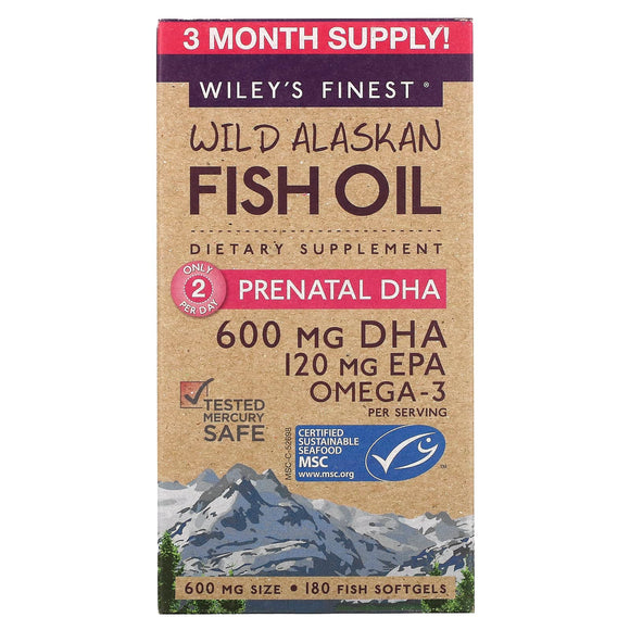 Wiley's Finest, Wild Alaskan Fish Oil Prenatal DHA 600 mg, 180 Softgels - 857188004029 | Hilife Vitamins