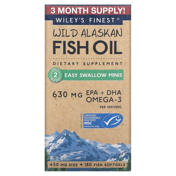 Wiley's Finest, Wild Alaskan Fish Oil Easy Swallow Minis 630 mg, 180 Softgels - 857188004128 | Hilife Vitamins