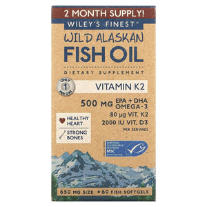 Wiley's Finest, Wild Alaskan Fish Oil Vitamin K2 500 mg, 60 Softgels - 857188004340 | Hilife Vitamins