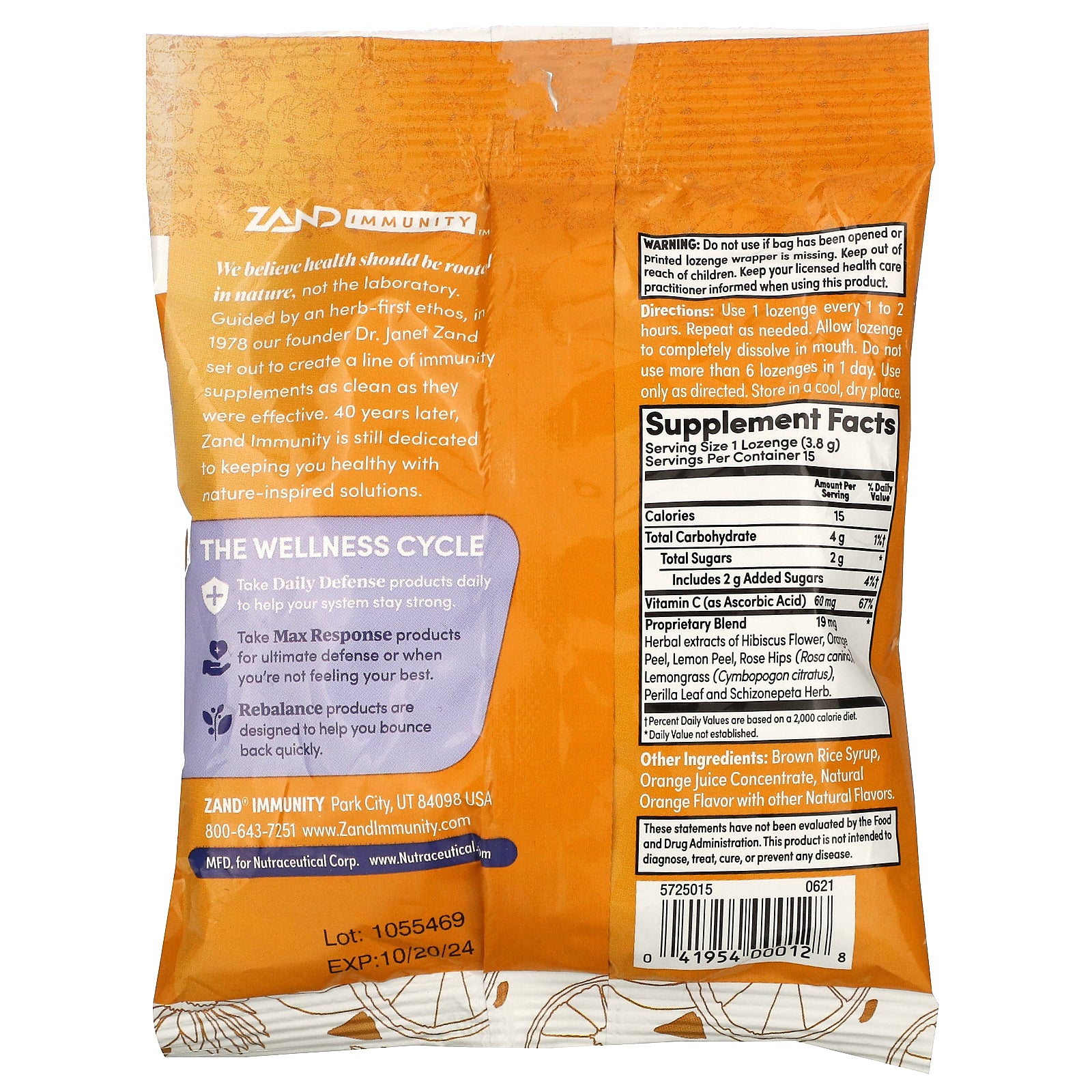 Zand, Immunity, Orange C, Zesty Orange, 15 Lozenges UPC 041954000128 | HiLife Vitamins